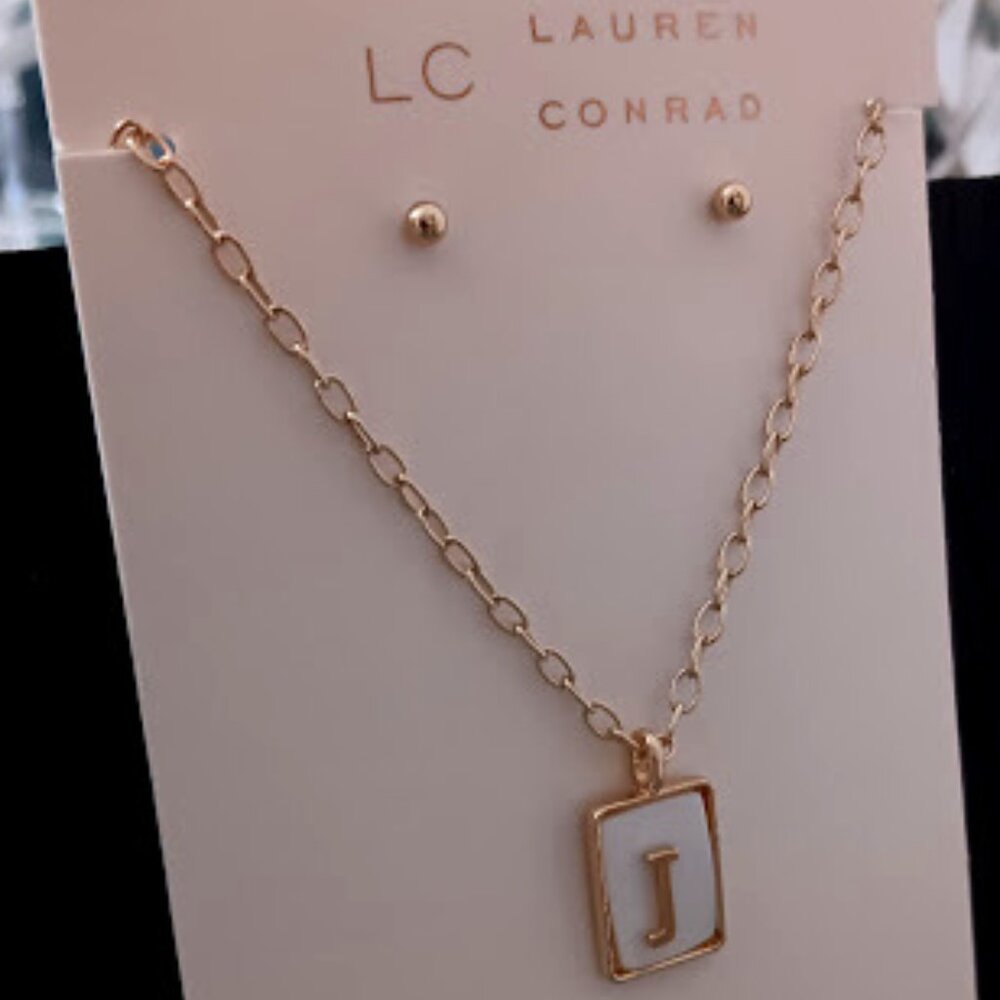 LC LAUREN CONRAD 2pc SET Gold Mother of Pearl 'J' Initial Necklace/Stud Earrings